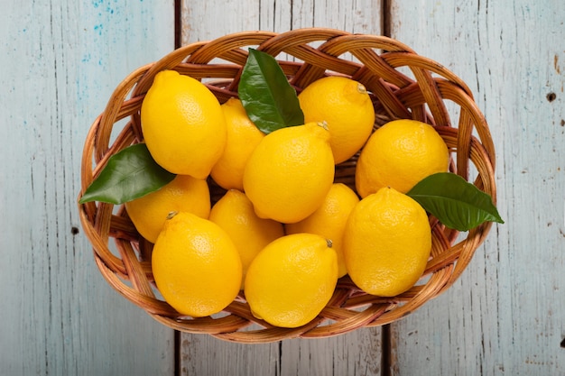 Set of lemons on a blue wooden