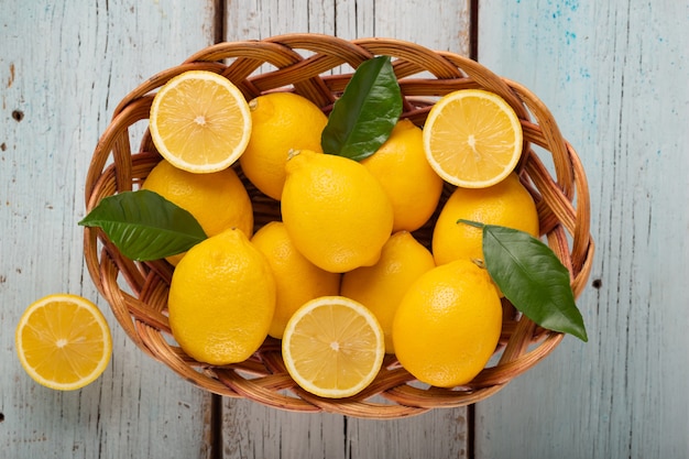 Set of lemons on a blue wooden