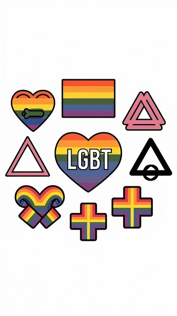 Photo set of lgbt related symbols like heart and rainbow cartoon style