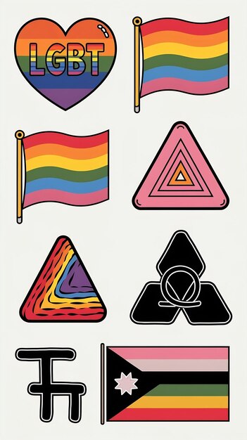 Photo set of lgbt related symbols like heart and rainbow cartoon style