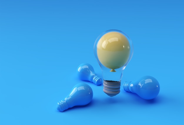 Set of light bulb on yellow pastel color background with shadow . 3D rendering.