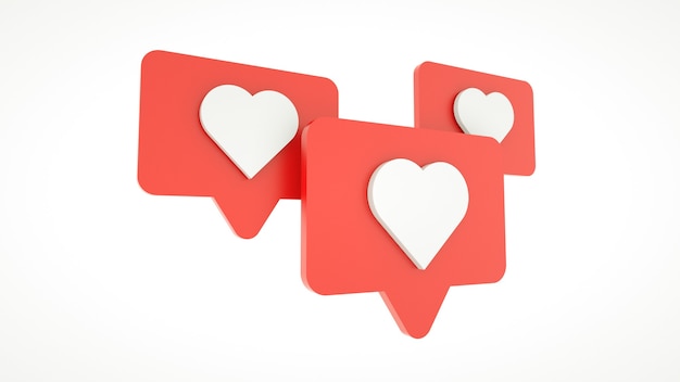 Set Like heart icon on a red pin isolated on white background. 3d rendering. Social media concept.