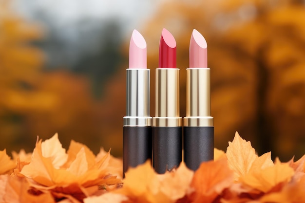 A set of lipsticks on a yellow background Presentation of lipsticks in golden case on an autumn