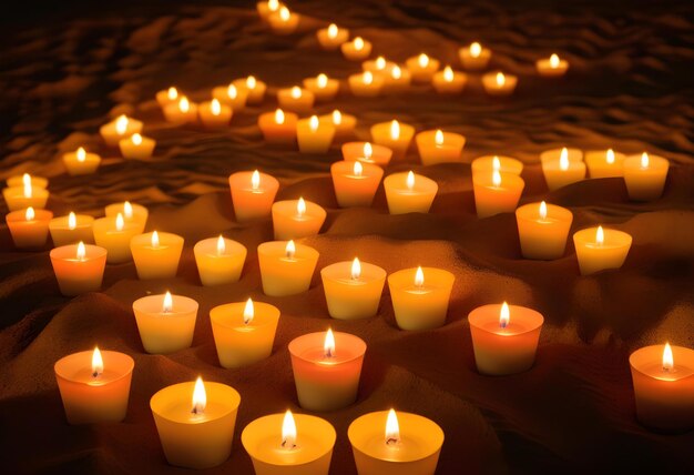 A set of lit votive candles arranged in a bed of sand