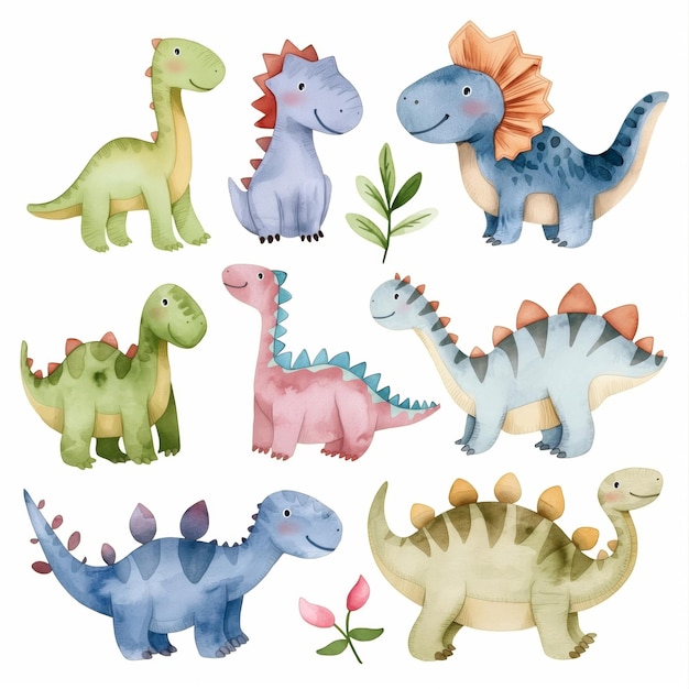 set of little cartoon watercolor dinosaurs on white dinosaur drawing collection