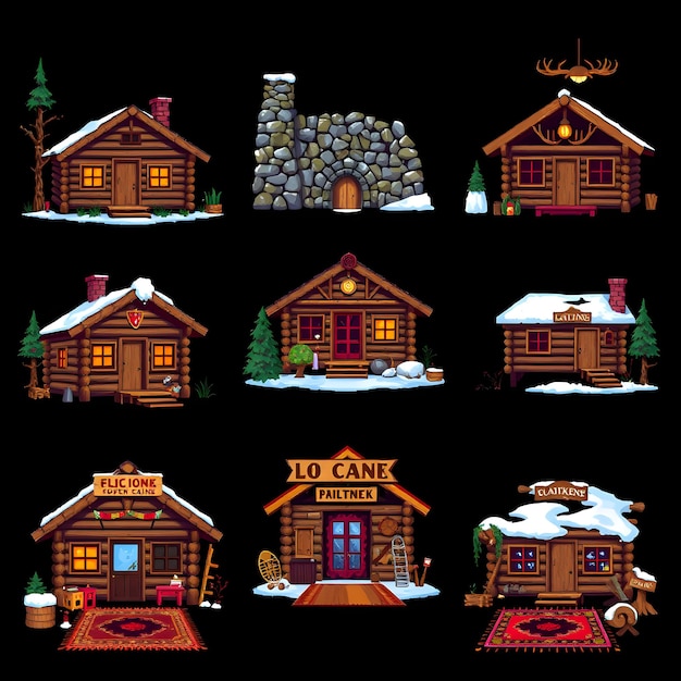 Set Log Cabins With Rough Hewn Logs and Stone Chimneys Plaid Fabrics Rustic Wood Furniture and Ant