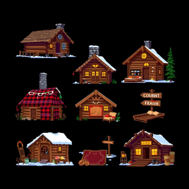 Set Log Cabins With Rough Hewn Logs and Stone Chimneys Plaid Fabrics Rustic Wood Furniture and Ant