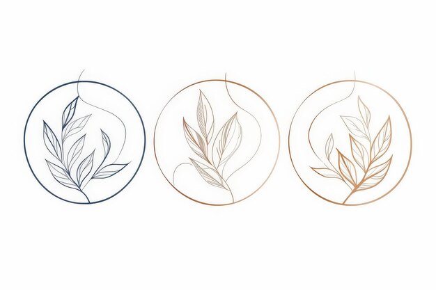 Photo set of logos with botanical leaf line art round frame in trendy minimal linear style wedding monograms vector illustration on white background