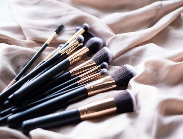 Set of luxurious black makeup brushes on beige silk fabric