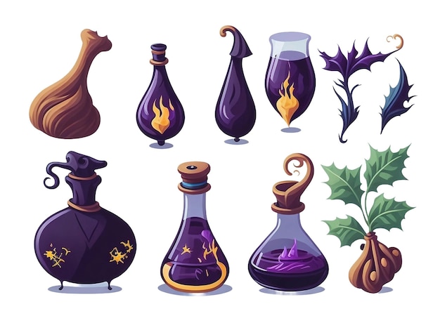 Set of magic potion bottles illustration isolated on transparent background AI generated