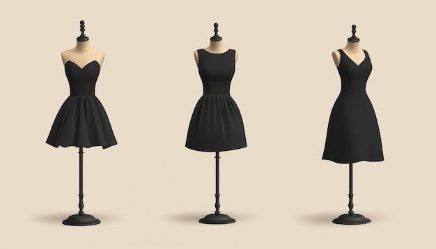 Photo set of mannequins black womens dress mockup on beige mannequin clothes realistic 3d mock up vect