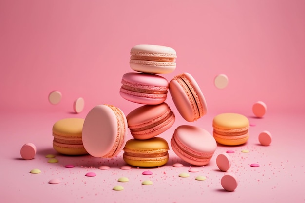 Set of many delicious macarons on a bright pink background