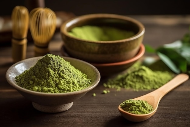 Set of matcha powder bowl wooden spoon and whisk Generative Ai