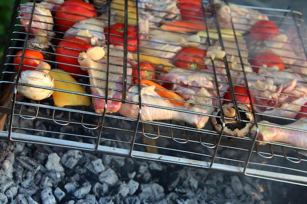 Set Of Meat And Greens Roasted In Grill On Brazier  