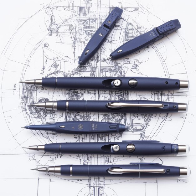 Photo a set of mechanical pencils with different lead sizes lying next to detailed technical drawings niji 6 job id 82f4783e098549568c0ad2469f57c887