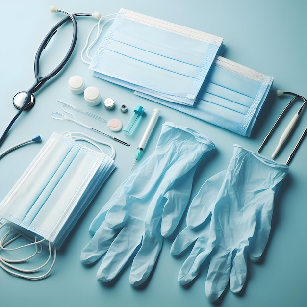 Photo a set of medical gloves and masks for protecting healthcare workers and preventing the spread of inf