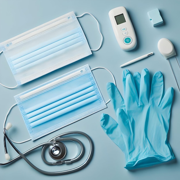 Photo a set of medical gloves and masks for protecting healthcare workers and preventing the spread of inf