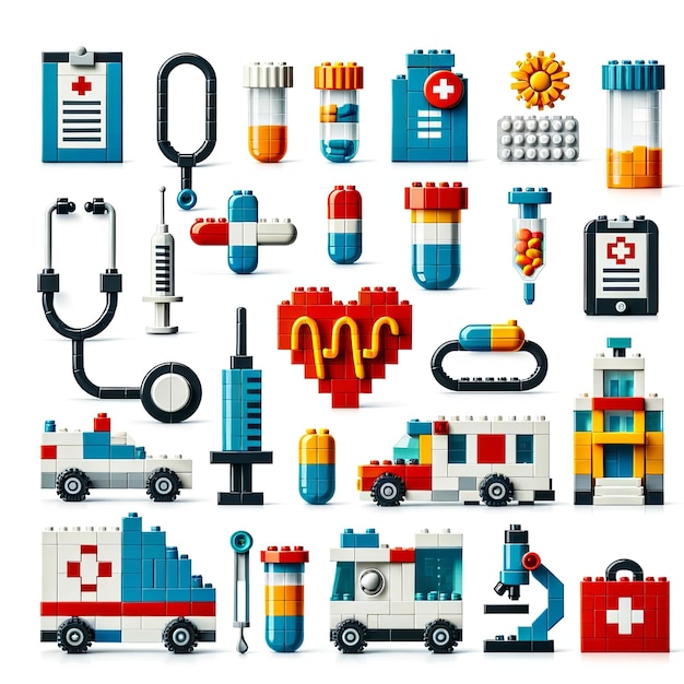 Set of medical health and healthcare or hospital and doctor icons in lego block style