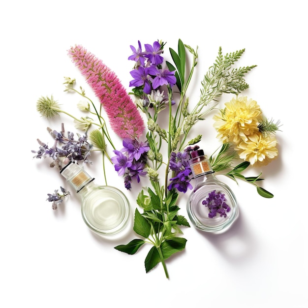 Set of medicinal herbs and bottles on a white background Medicine perfumery aromatherapy spa