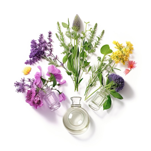 Set of medicinal herbs and bottles on a white background Medicine perfumery aromatherapy spa