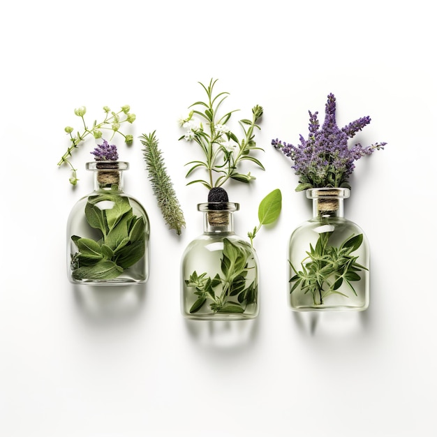 Set of medicinal herbs and bottles on a white background Medicine perfumery aromatherapy spa