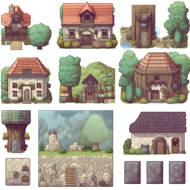 A set of medieval houses in the woods and fields Vector illustration