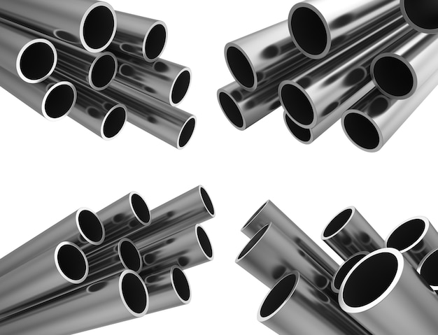 Set of metallic pipes. Isolated on white background. Stock 3d illustration.