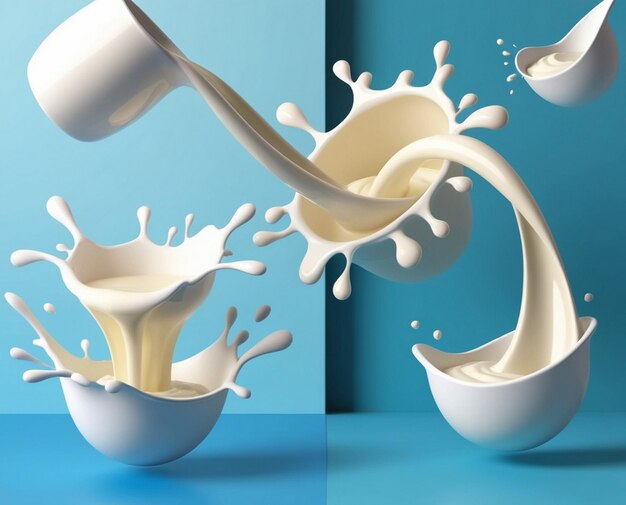 Photo set of milk splash and pouring yogurt or cream include clipping path 3d illustration blue background