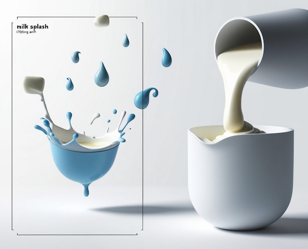 Photo set of milk splash and pouring yogurt or cream include clipping path 3d illustration blue background