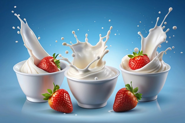 Photo set of milk splash and pouring yogurt or cream include clipping path 3d illustration