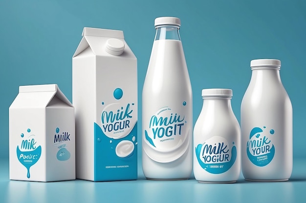 Set of Milk and yogurt vector packaging 3D templates Collection of blank bottles and cartons