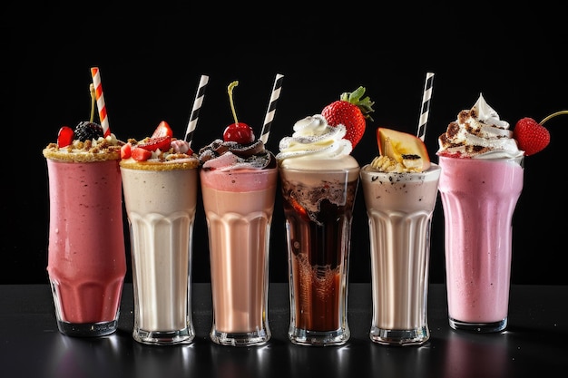 Photo a set of milkshakes and smoothies in glasses on a black background