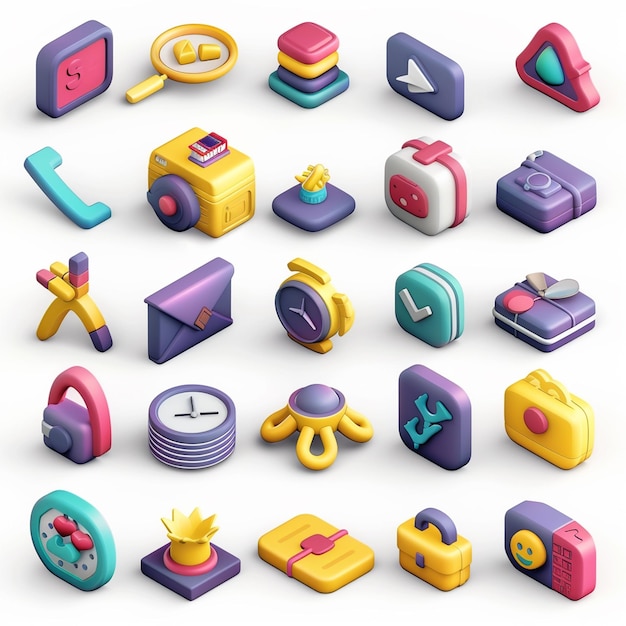 A set of miniature items symbols 3D icons vibrant color white background