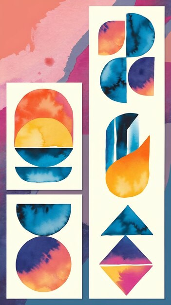 Photo set of minimal geometric posters mid century modern art with watercolor shapes