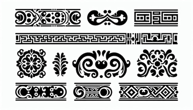 Photo set of minimalistic border decorations in an ancient roman floral decorative ornament style