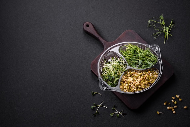 A set or mix of pea mustard and sprouted mung bean microgreens in a portioned plastic box on a dark concrete background