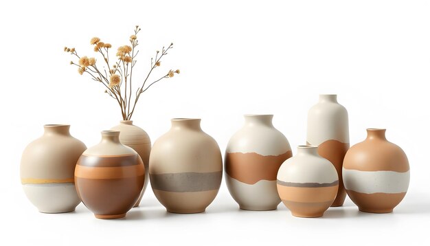 Photo set of modern decorative ceramic designer vases isolated on isolated with white highlights