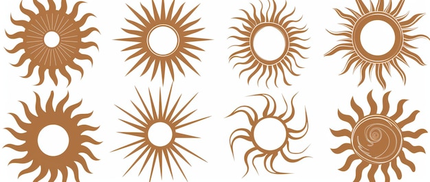 Photo set of modern geometric sun elements boho sun logo icons and symbols isolated objects