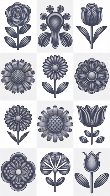 Photo set of monochrome flower signs vector design blossom logo icons