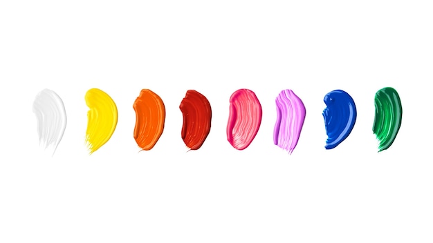 A set of multi-colored acrylic paint brush strokes isolated on a white background.