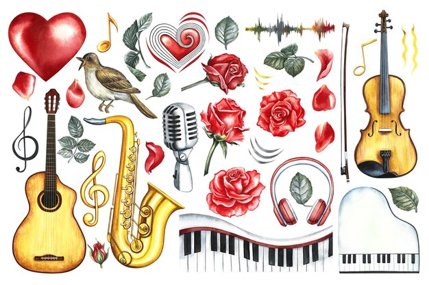 A set of musical instruments Clip artA hand drawn watercolor illustration