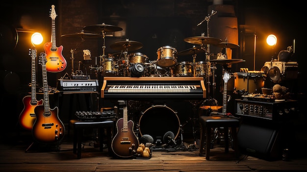 a set of musical instruments in a studio