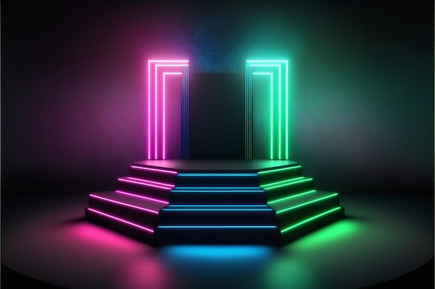 A set of neon lights with a dark background and a door in the middle.