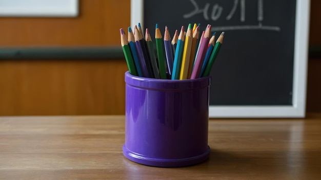 A set of new pencils in a pencil holder on a classroom desk perfect for educational use