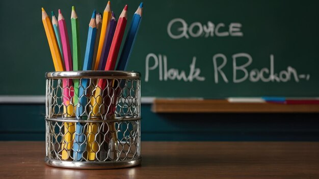 Photo a set of new pencils in a pencil holder on a classroom desk perfect for educational use