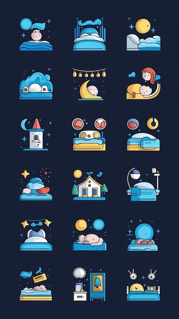 Photo set of night icons dreams signs sleep symbols vector design