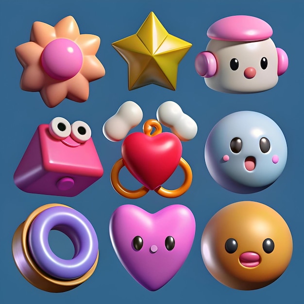 Photo a set of nine adorable 3d cartoon icons with expressive faces perfect for adding a playful touch to your designs