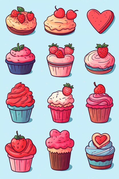 a set of nine cupcakes with different toppings and toppings generative ai