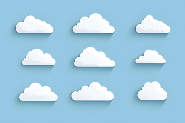 Photo a set of nine white clouds with shadows arranged in three rows of three clouds on a blue background