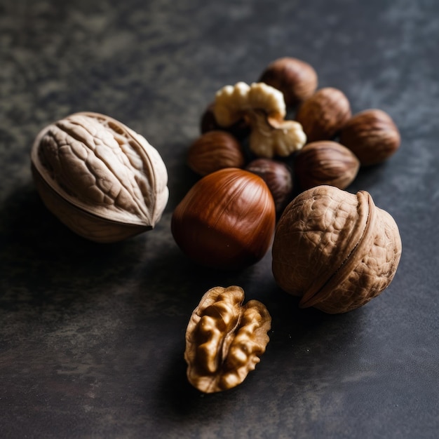 Set of nuts displayed against a luxurious dark background Generative ai